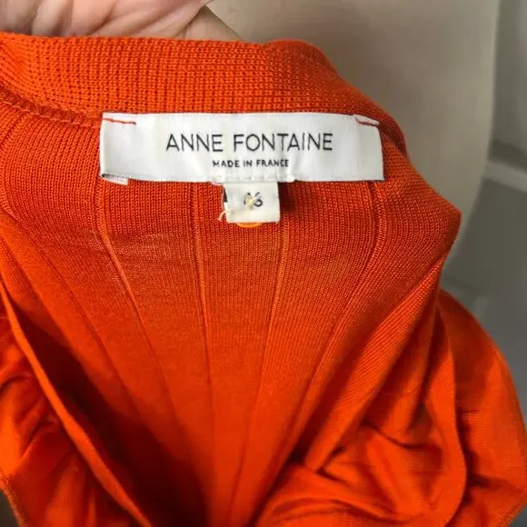 Anne Fontaine Women's Cardigan Size 46 14 Orange Ruffle Knit Ribbed V-Neck
